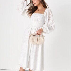 Lulu's White Floral Jacquard Lace-Up Back Square Neck Midi Dress -Bride Sz:S